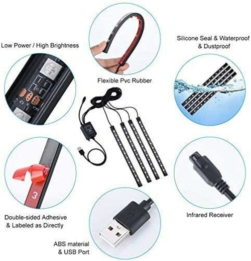 RGB Car LED Light Strips – Sound-Activated, 48 LEDs, Remote Control