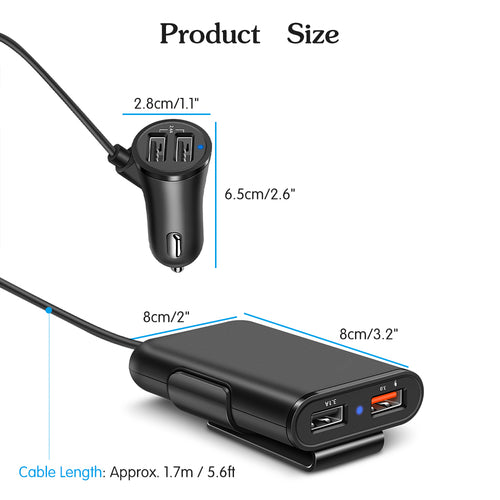 4-Port Car Charger with Back Seat Cable – Charge Everyone at Once