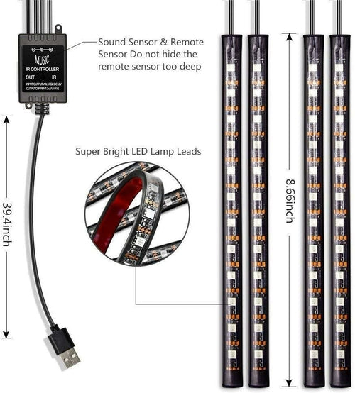 RGB Car LED Light Strips – Sound-Activated, 48 LEDs, Remote Control