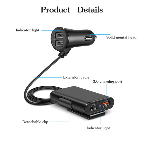 4-Port Car Charger with Back Seat Cable – Charge Everyone at Once