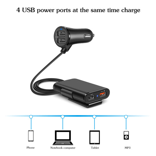 4-Port Car Charger with Back Seat Cable – Charge Everyone at Once