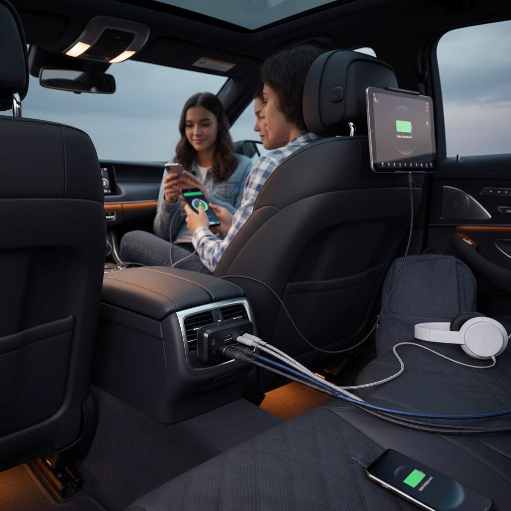 4-port USB car charger with multiple devices charging in back seat