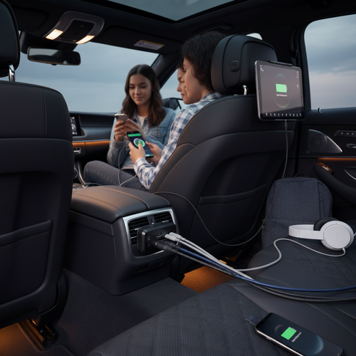4-port USB car charger with multiple devices charging in back seat