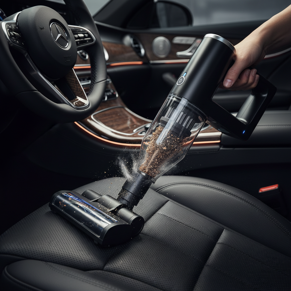 Cordless handheld vacuum cleaning car seat crumbs one-handed