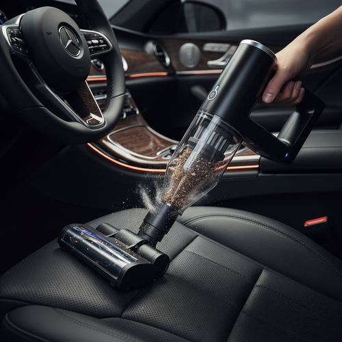 Cordless handheld vacuum cleaning car seat crumbs one-handed