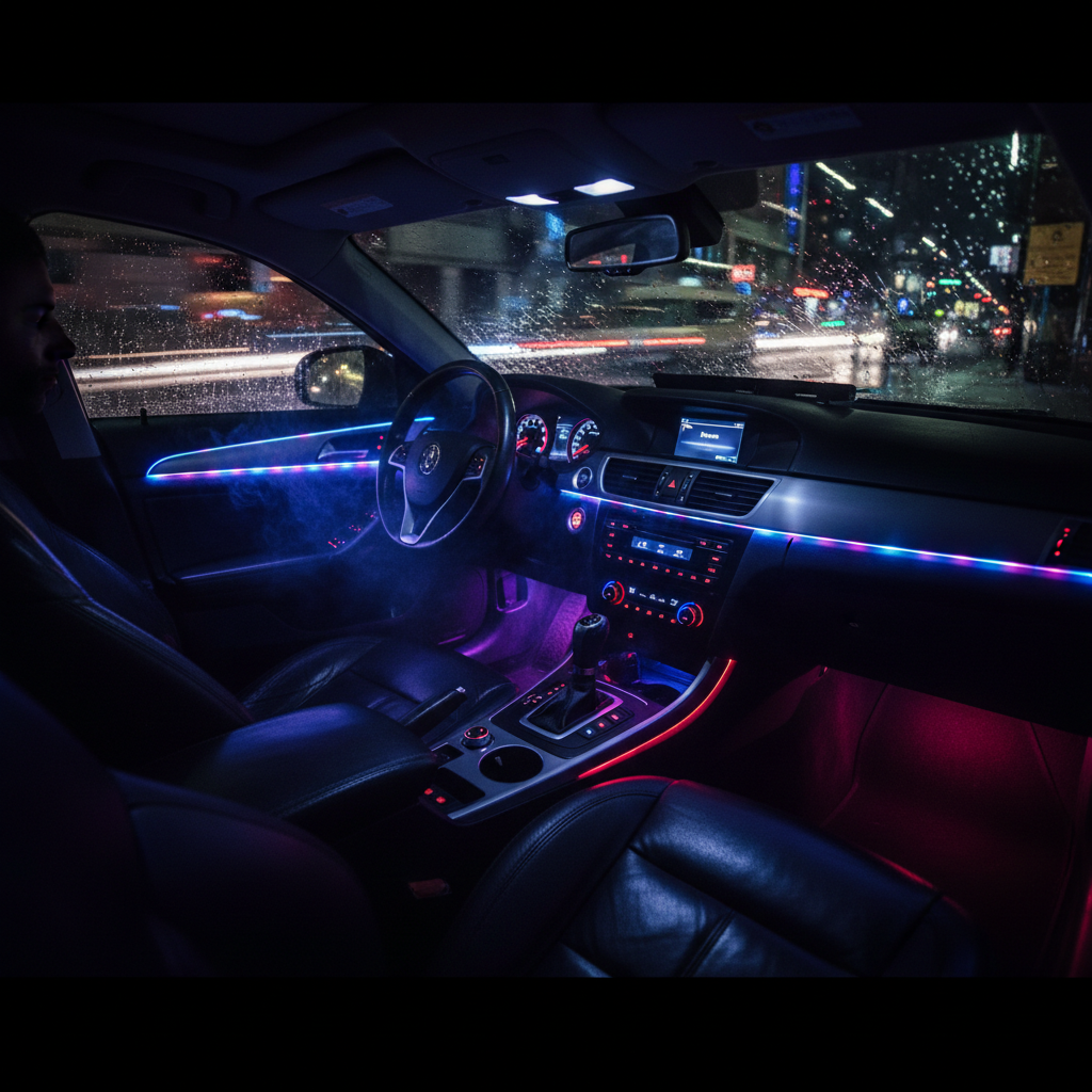 RGB LED light strips glowing inside car interior at night with vibrant colors
