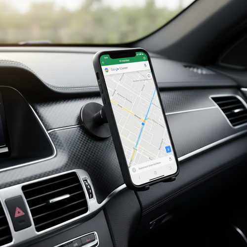 Ultra-slim magnetic car phone mount on dashboard with navigation open